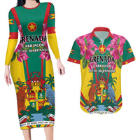 Personalized Carriacou and Petite Martinique Couples Matching Long Sleeve Bodycon Dress and Hawaiian Shirt Bougainvillea Flowers