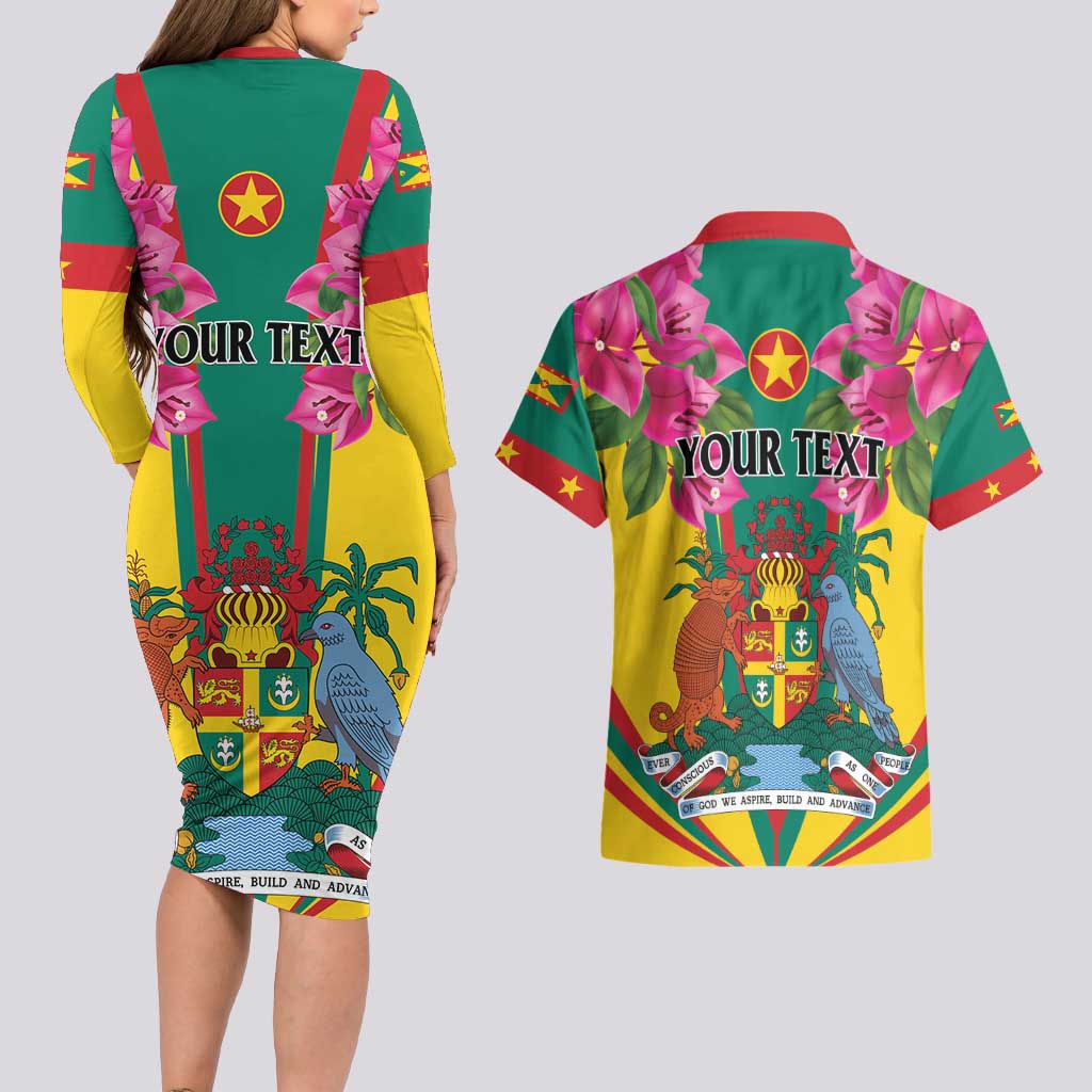Personalized Carriacou and Petite Martinique Couples Matching Long Sleeve Bodycon Dress and Hawaiian Shirt Bougainvillea Flowers