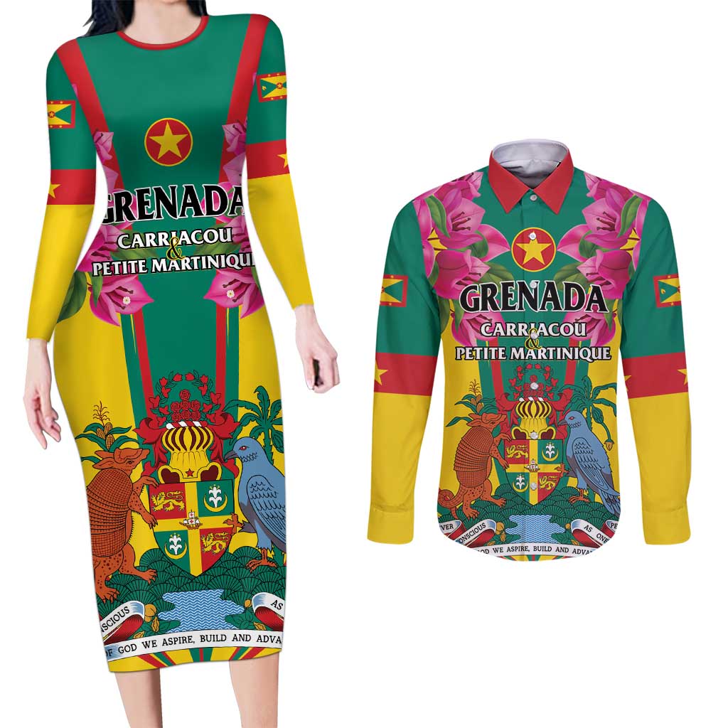 Personalized Carriacou and Petite Martinique Couples Matching Long Sleeve Bodycon Dress and Long Sleeve Button Shirt Bougainvillea Flowers