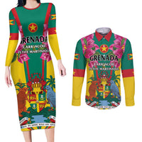 Personalized Carriacou and Petite Martinique Couples Matching Long Sleeve Bodycon Dress and Long Sleeve Button Shirt Bougainvillea Flowers