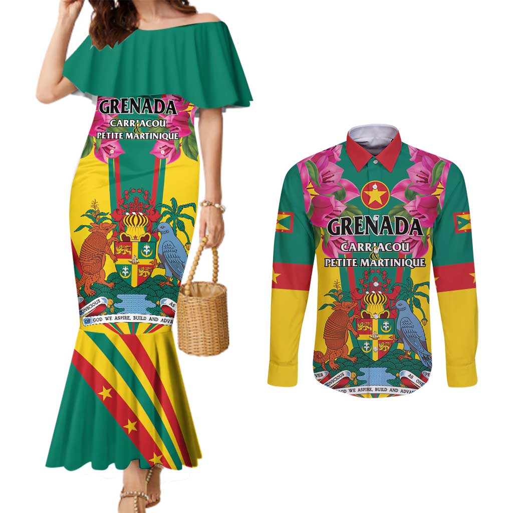 Personalized Carriacou and Petite Martinique Couples Matching Mermaid Dress and Long Sleeve Button Shirt Bougainvillea Flowers
