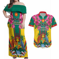 Personalized Carriacou and Petite Martinique Couples Matching Off Shoulder Maxi Dress and Hawaiian Shirt Bougainvillea Flowers
