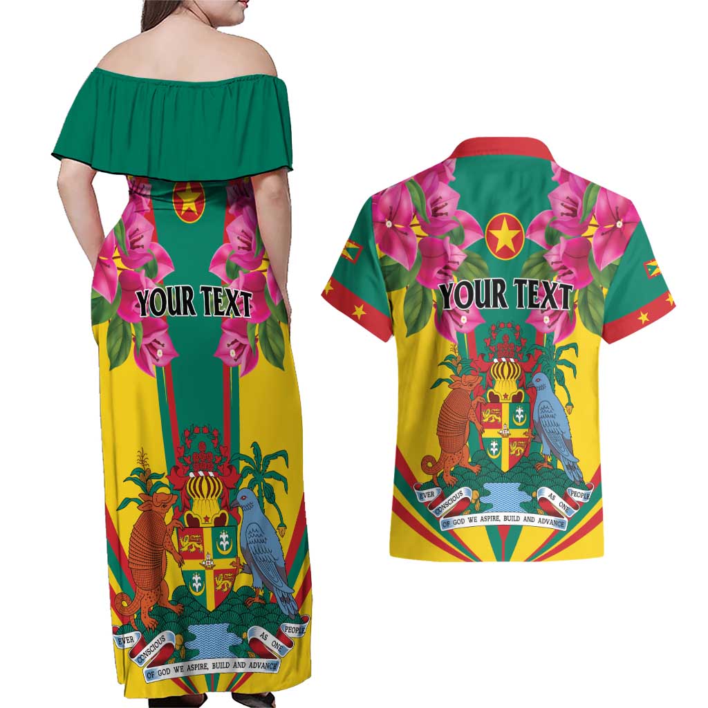 Personalized Carriacou and Petite Martinique Couples Matching Off Shoulder Maxi Dress and Hawaiian Shirt Bougainvillea Flowers