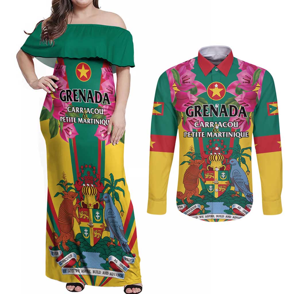 Personalized Carriacou and Petite Martinique Couples Matching Off Shoulder Maxi Dress and Long Sleeve Button Shirt Bougainvillea Flowers