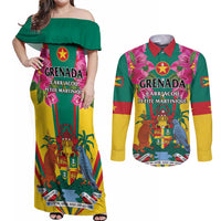 Personalized Carriacou and Petite Martinique Couples Matching Off Shoulder Maxi Dress and Long Sleeve Button Shirt Bougainvillea Flowers