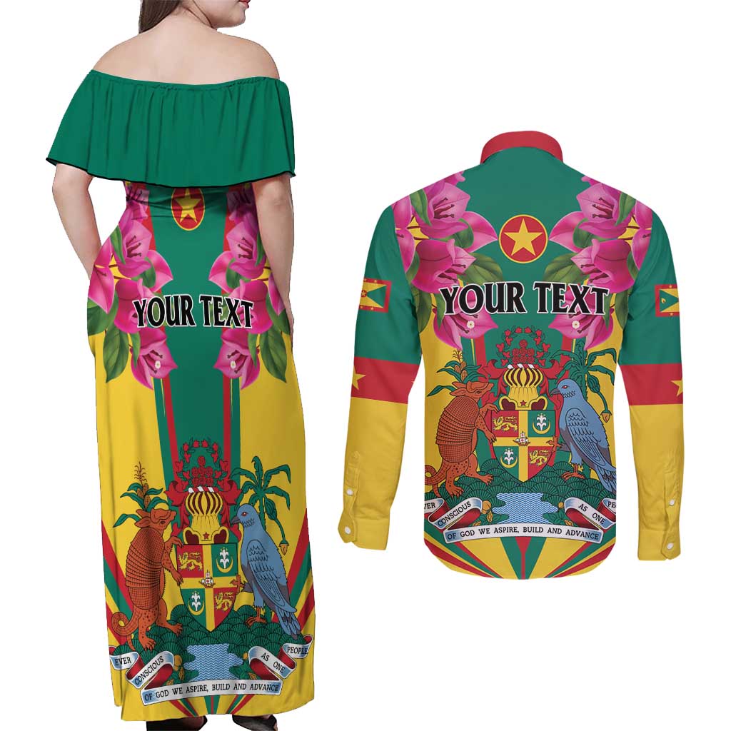 Personalized Carriacou and Petite Martinique Couples Matching Off Shoulder Maxi Dress and Long Sleeve Button Shirt Bougainvillea Flowers