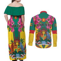Personalized Carriacou and Petite Martinique Couples Matching Off Shoulder Maxi Dress and Long Sleeve Button Shirt Bougainvillea Flowers