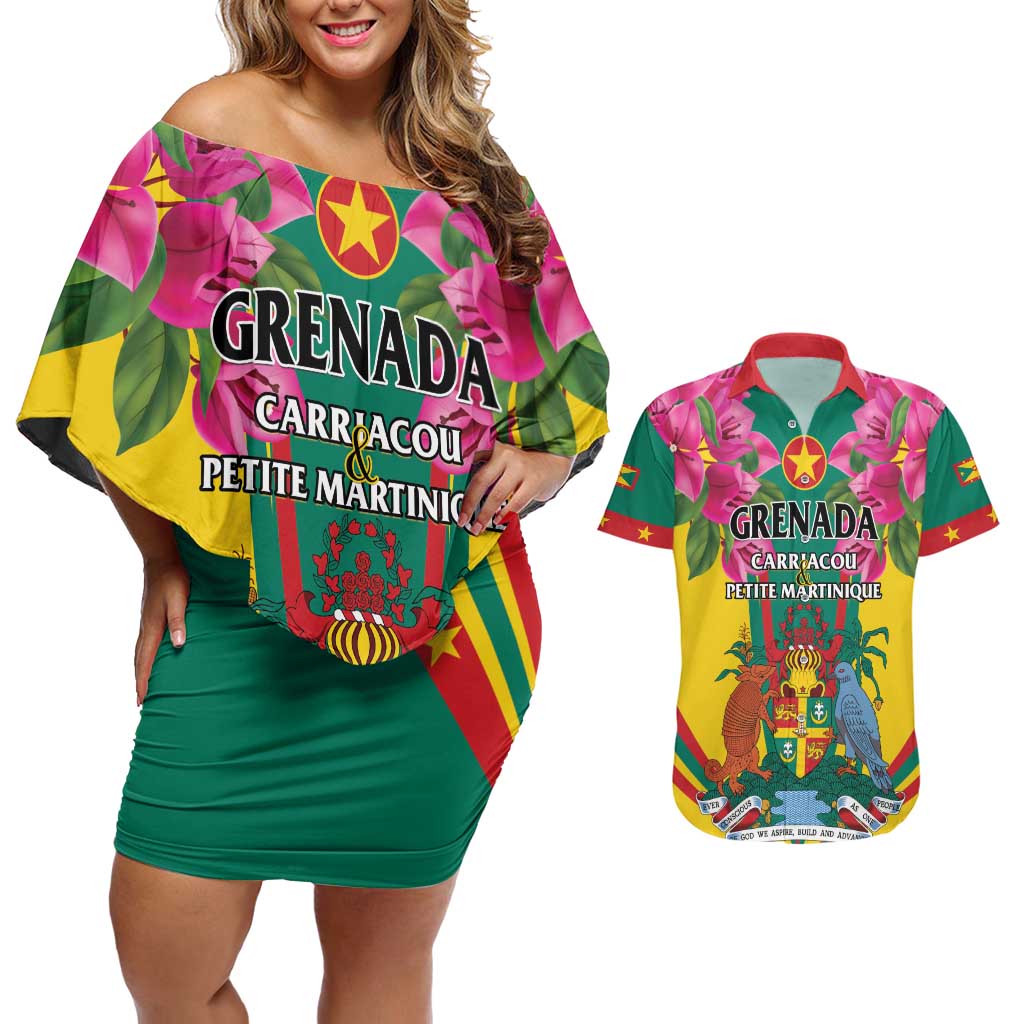 Personalized Carriacou and Petite Martinique Couples Matching Off Shoulder Short Dress and Hawaiian Shirt Bougainvillea Flowers