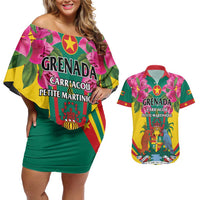 Personalized Carriacou and Petite Martinique Couples Matching Off Shoulder Short Dress and Hawaiian Shirt Bougainvillea Flowers