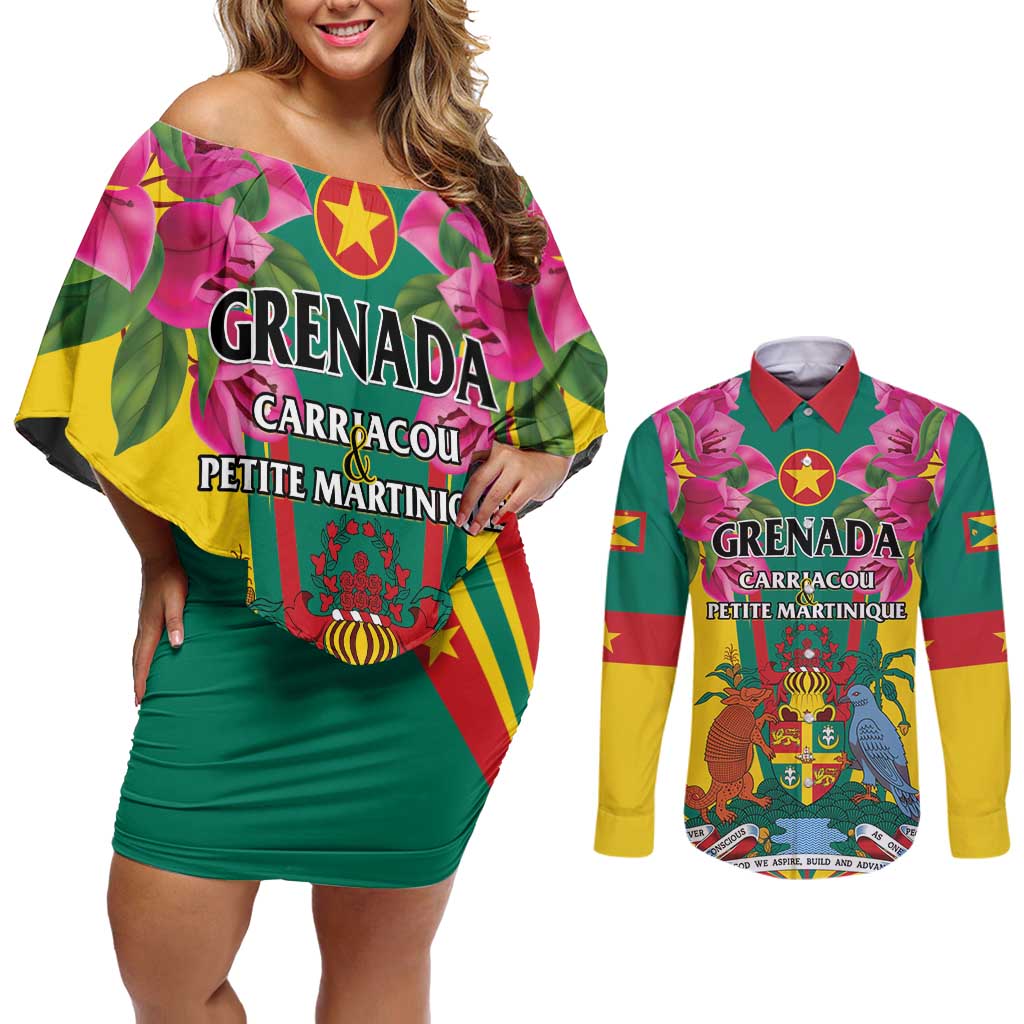 Personalized Carriacou and Petite Martinique Couples Matching Off Shoulder Short Dress and Long Sleeve Button Shirt Bougainvillea Flowers