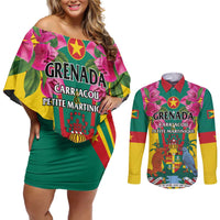 Personalized Carriacou and Petite Martinique Couples Matching Off Shoulder Short Dress and Long Sleeve Button Shirt Bougainvillea Flowers