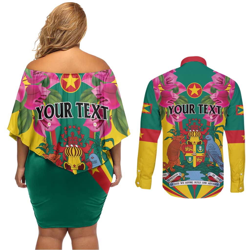 Personalized Carriacou and Petite Martinique Couples Matching Off Shoulder Short Dress and Long Sleeve Button Shirt Bougainvillea Flowers