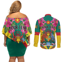 Personalized Carriacou and Petite Martinique Couples Matching Off Shoulder Short Dress and Long Sleeve Button Shirt Bougainvillea Flowers