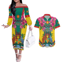 Personalized Carriacou and Petite Martinique Couples Matching Off The Shoulder Long Sleeve Dress and Hawaiian Shirt Bougainvillea Flowers