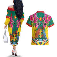 Personalized Carriacou and Petite Martinique Couples Matching Off The Shoulder Long Sleeve Dress and Hawaiian Shirt Bougainvillea Flowers