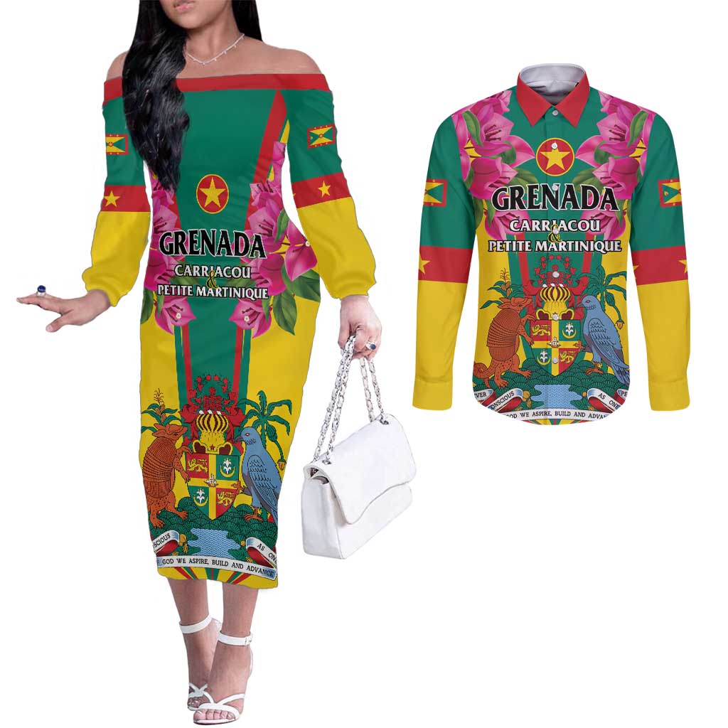 Personalized Carriacou and Petite Martinique Couples Matching Off The Shoulder Long Sleeve Dress and Long Sleeve Button Shirt Bougainvillea Flowers