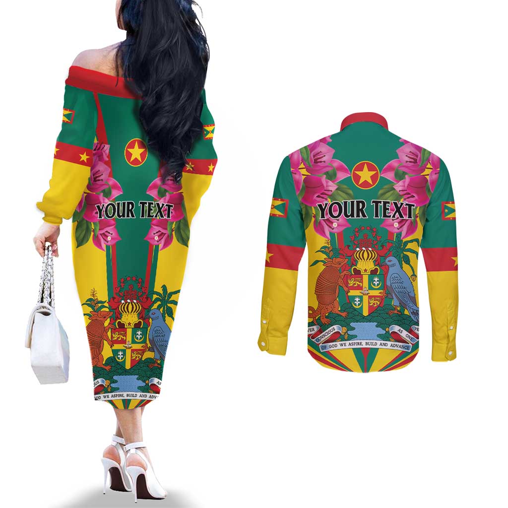 Personalized Carriacou and Petite Martinique Couples Matching Off The Shoulder Long Sleeve Dress and Long Sleeve Button Shirt Bougainvillea Flowers