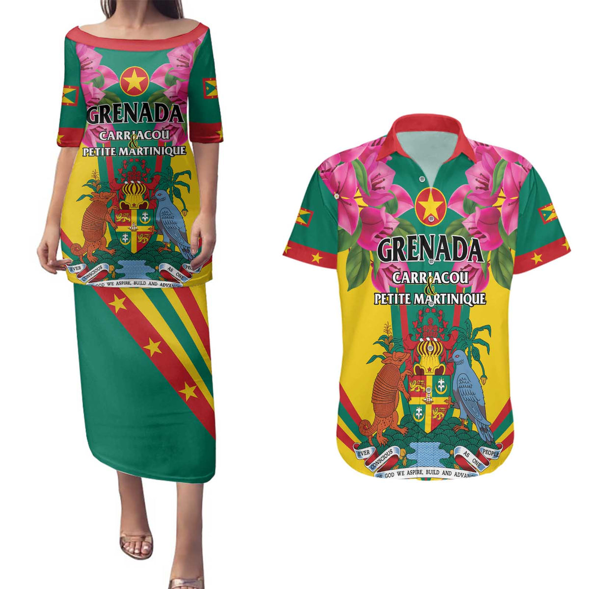 Personalized Carriacou and Petite Martinique Couples Matching Puletasi and Hawaiian Shirt Bougainvillea Flowers