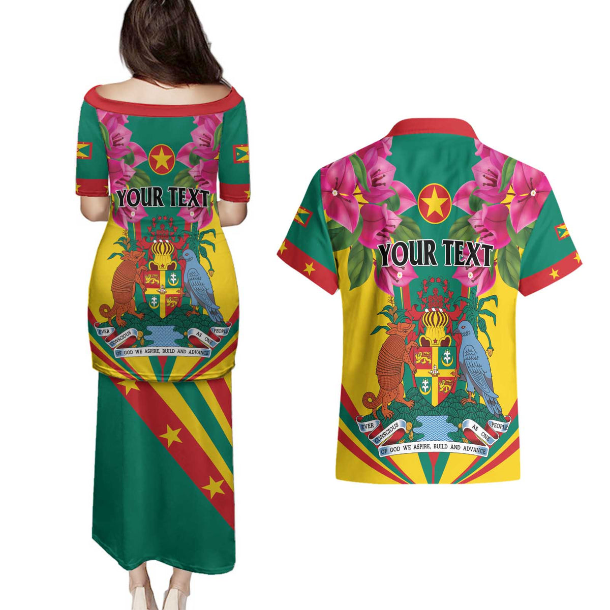 Personalized Carriacou and Petite Martinique Couples Matching Puletasi and Hawaiian Shirt Bougainvillea Flowers