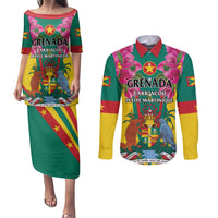 Personalized Carriacou and Petite Martinique Couples Matching Puletasi and Long Sleeve Button Shirt Bougainvillea Flowers