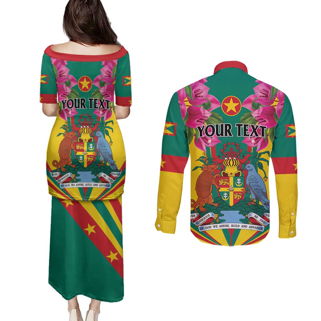 Personalized Carriacou and Petite Martinique Couples Matching Puletasi and Long Sleeve Button Shirt Bougainvillea Flowers