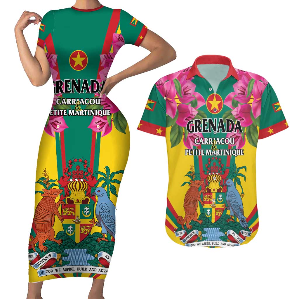 Personalized Carriacou and Petite Martinique Couples Matching Short Sleeve Bodycon Dress and Hawaiian Shirt Bougainvillea Flowers