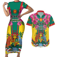 Personalized Carriacou and Petite Martinique Couples Matching Short Sleeve Bodycon Dress and Hawaiian Shirt Bougainvillea Flowers