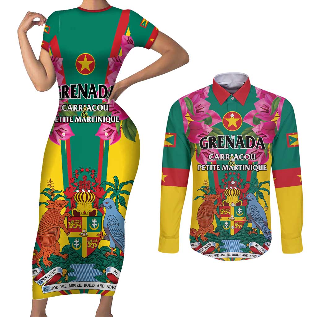 Personalized Carriacou and Petite Martinique Couples Matching Short Sleeve Bodycon Dress and Long Sleeve Button Shirt Bougainvillea Flowers