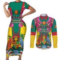 Personalized Carriacou and Petite Martinique Couples Matching Short Sleeve Bodycon Dress and Long Sleeve Button Shirt Bougainvillea Flowers