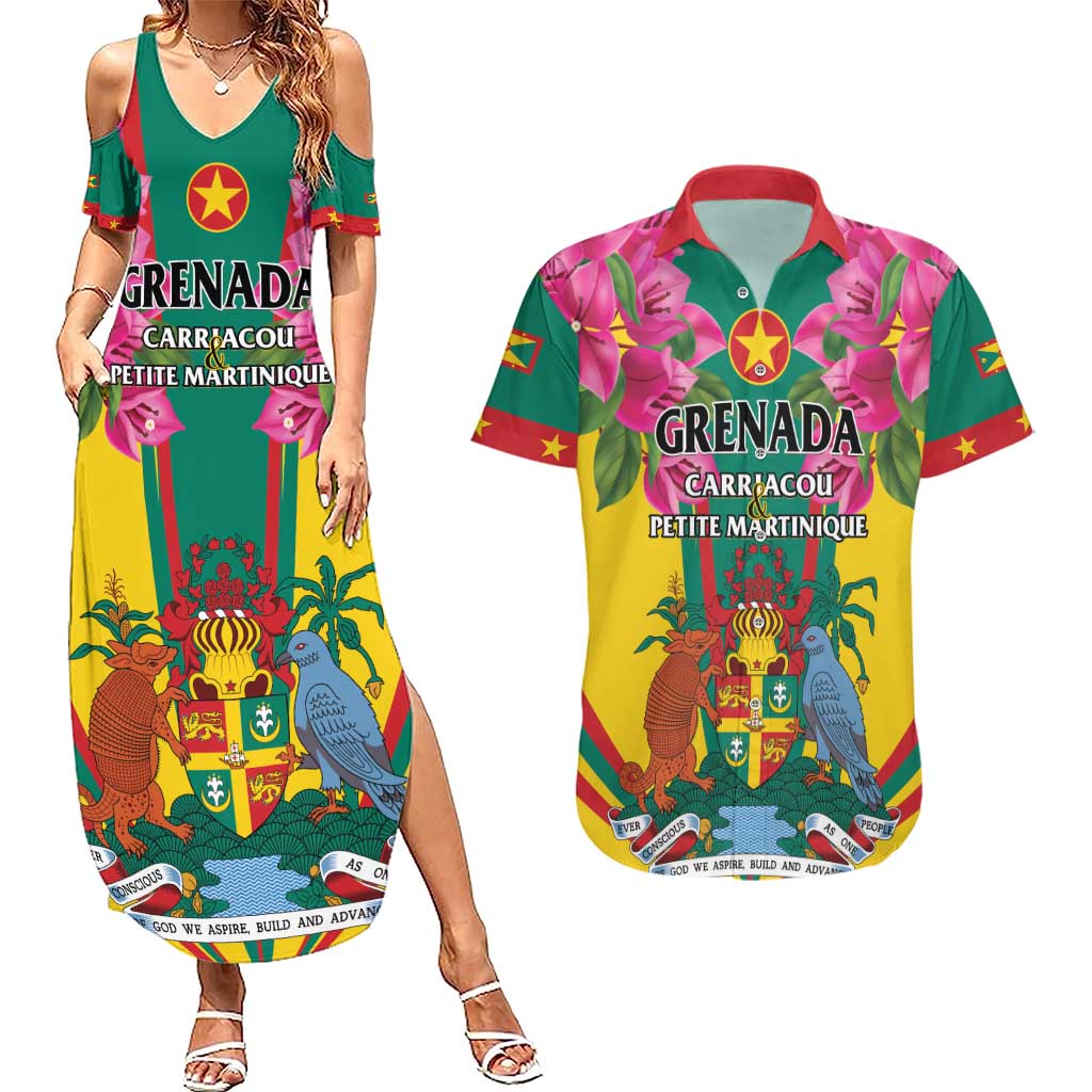 Personalized Carriacou and Petite Martinique Couples Matching Summer Maxi Dress and Hawaiian Shirt Bougainvillea Flowers