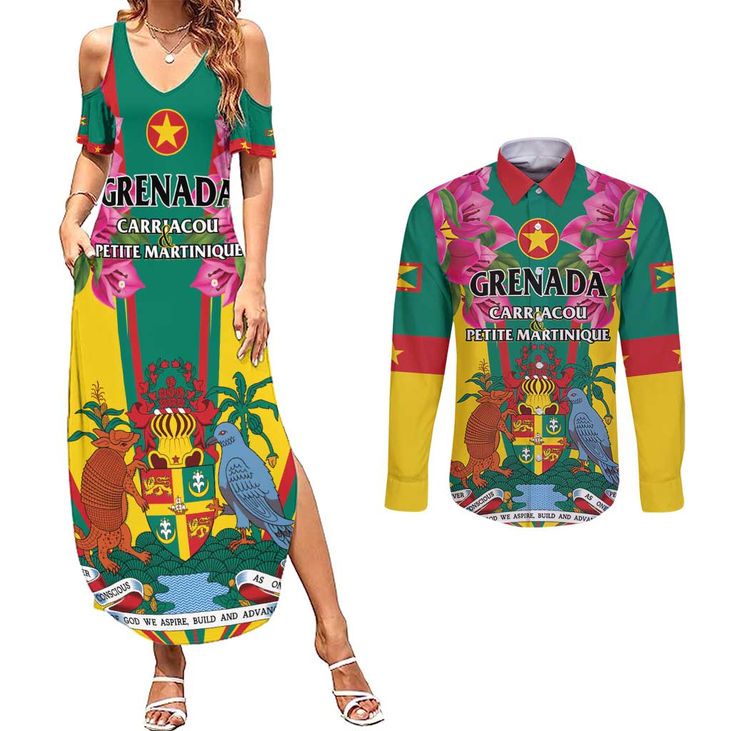Personalized Carriacou and Petite Martinique Couples Matching Summer Maxi Dress and Long Sleeve Button Shirt Bougainvillea Flowers