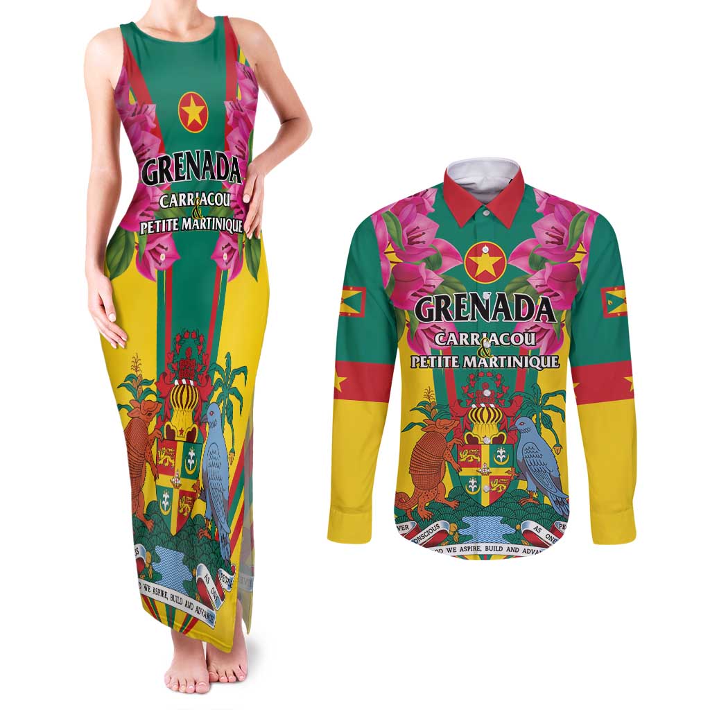 Personalized Carriacou and Petite Martinique Couples Matching Tank Maxi Dress and Long Sleeve Button Shirt Bougainvillea Flowers
