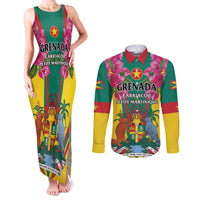 Personalized Carriacou and Petite Martinique Couples Matching Tank Maxi Dress and Long Sleeve Button Shirt Bougainvillea Flowers