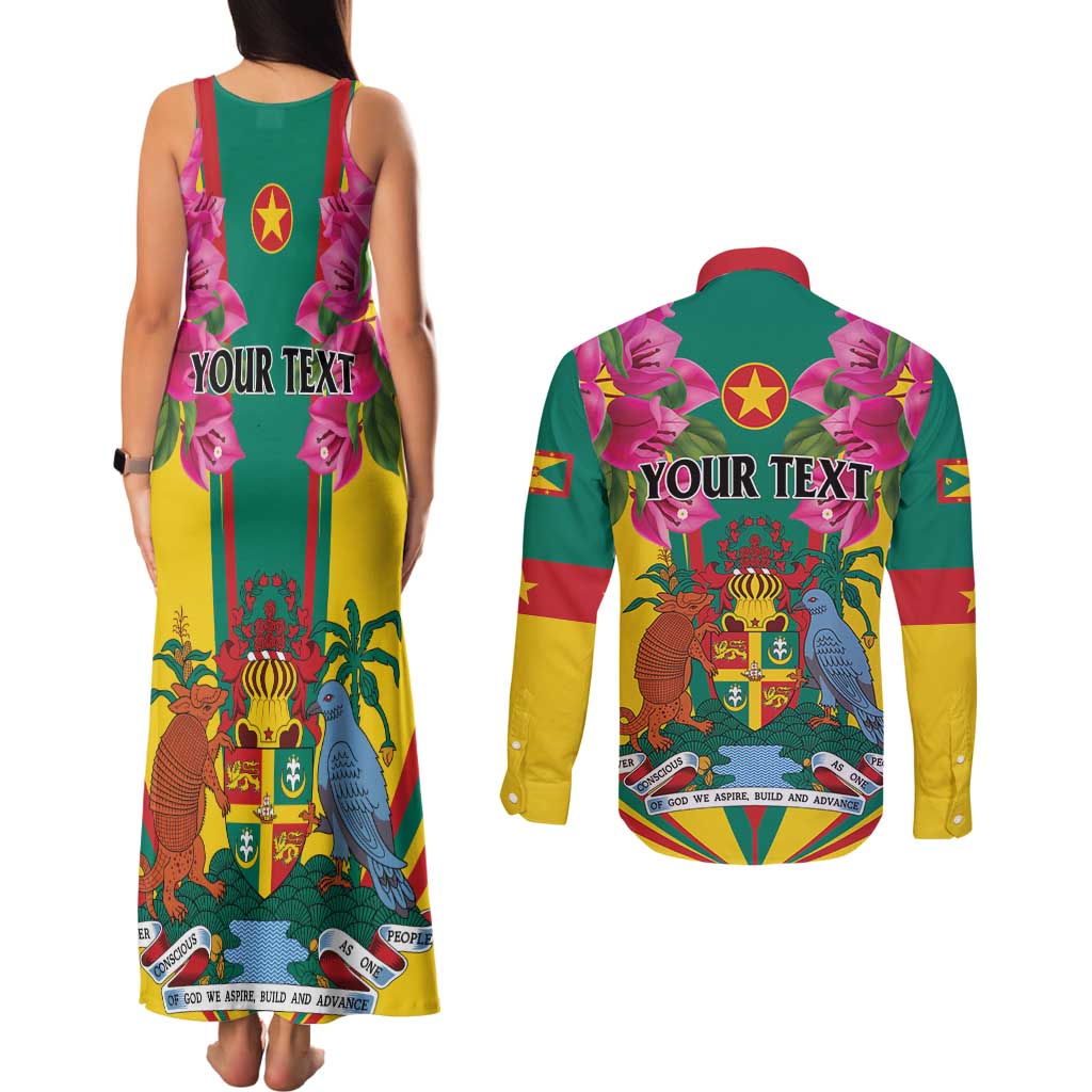 Personalized Carriacou and Petite Martinique Couples Matching Tank Maxi Dress and Long Sleeve Button Shirt Bougainvillea Flowers