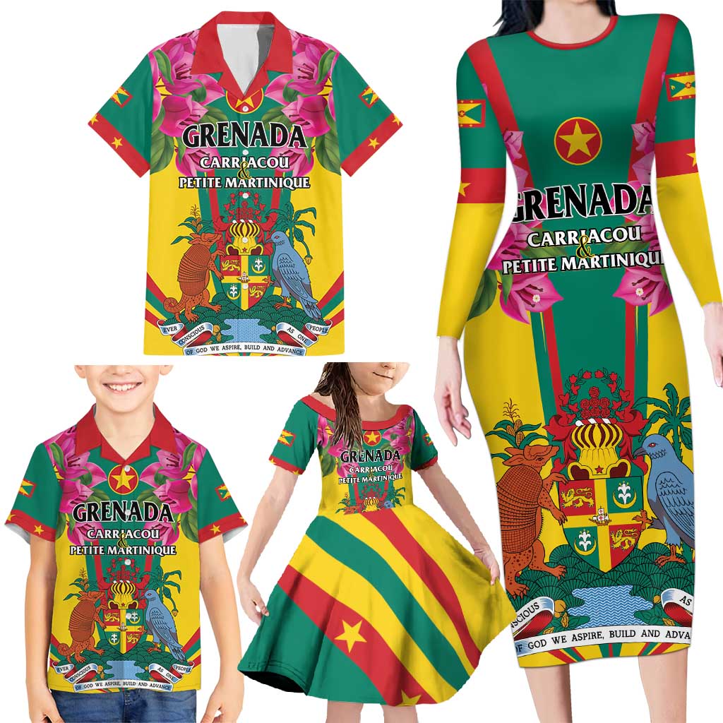 Personalized Carriacou and Petite Martinique Family Matching Long Sleeve Bodycon Dress and Hawaiian Shirt Bougainvillea Flowers