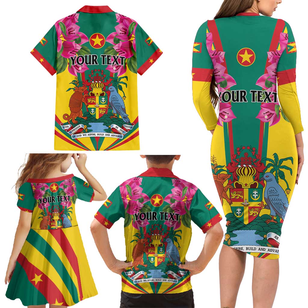 Personalized Carriacou and Petite Martinique Family Matching Long Sleeve Bodycon Dress and Hawaiian Shirt Bougainvillea Flowers