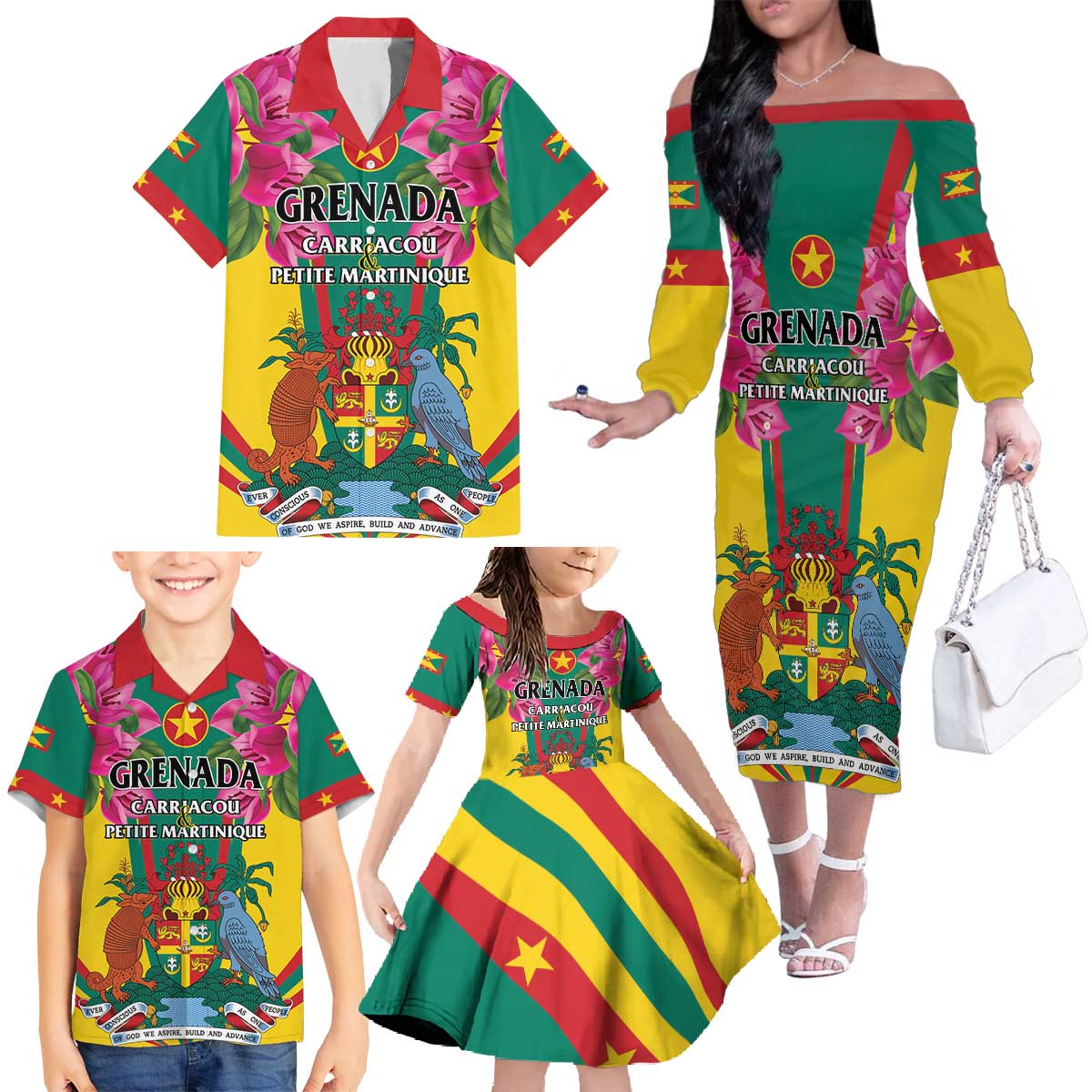 Personalized Carriacou and Petite Martinique Family Matching Off The Shoulder Long Sleeve Dress and Hawaiian Shirt Bougainvillea Flowers