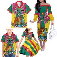 Personalized Carriacou and Petite Martinique Family Matching Off The Shoulder Long Sleeve Dress and Hawaiian Shirt Bougainvillea Flowers