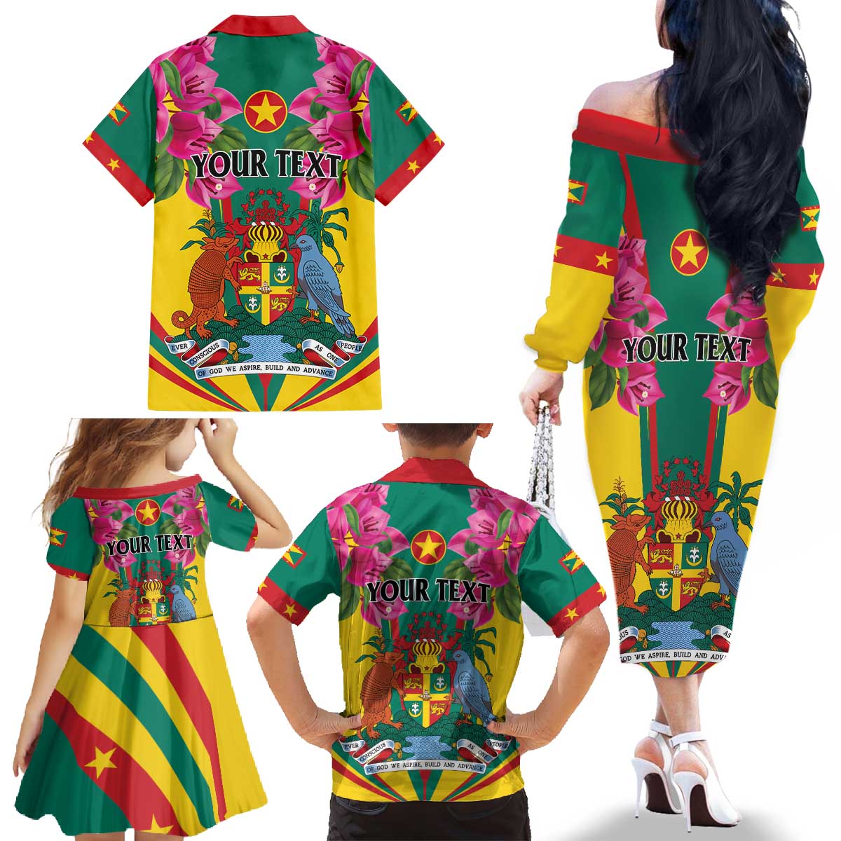 Personalized Carriacou and Petite Martinique Family Matching Off The Shoulder Long Sleeve Dress and Hawaiian Shirt Bougainvillea Flowers