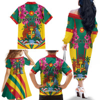 Personalized Carriacou and Petite Martinique Family Matching Off The Shoulder Long Sleeve Dress and Hawaiian Shirt Bougainvillea Flowers
