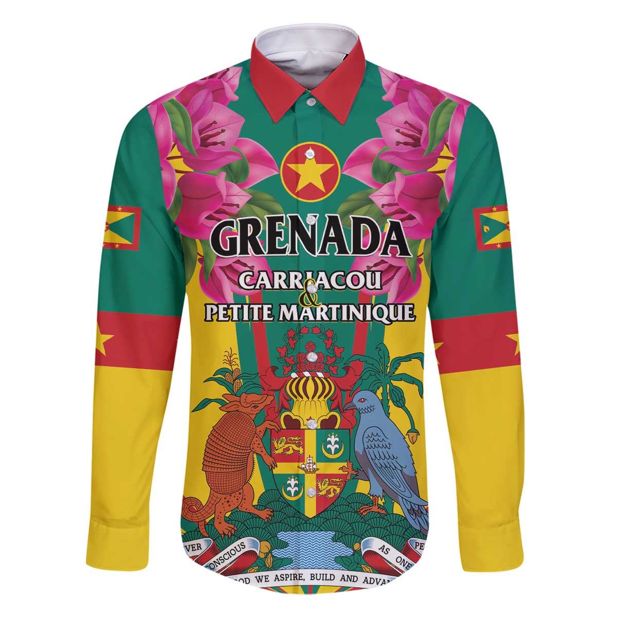Personalized Carriacou and Petite Martinique Family Matching Off The Shoulder Long Sleeve Dress and Hawaiian Shirt Bougainvillea Flowers