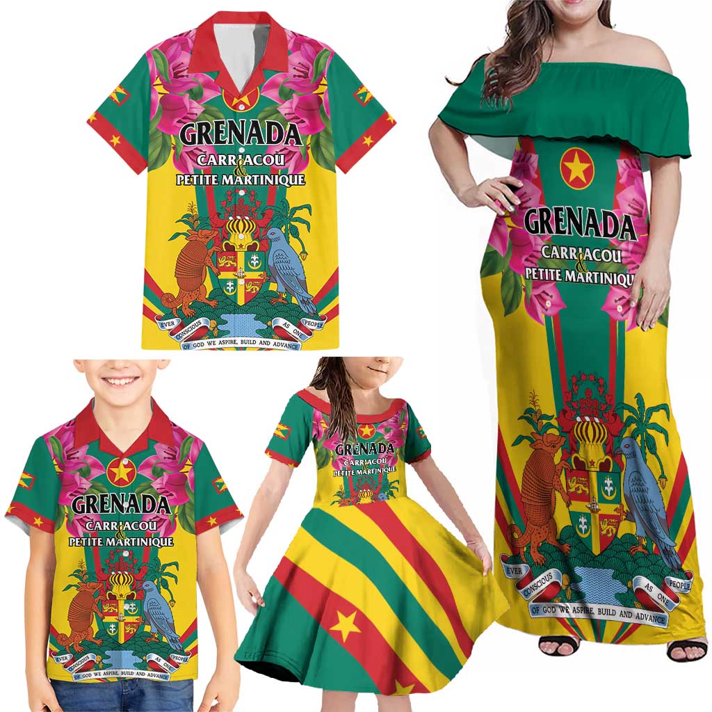 Personalized Carriacou and Petite Martinique Family Matching Off Shoulder Maxi Dress and Hawaiian Shirt Bougainvillea Flowers