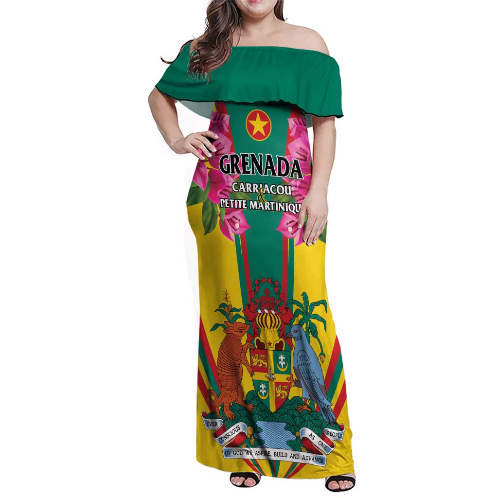Personalized Carriacou and Petite Martinique Family Matching Off Shoulder Maxi Dress and Hawaiian Shirt Bougainvillea Flowers