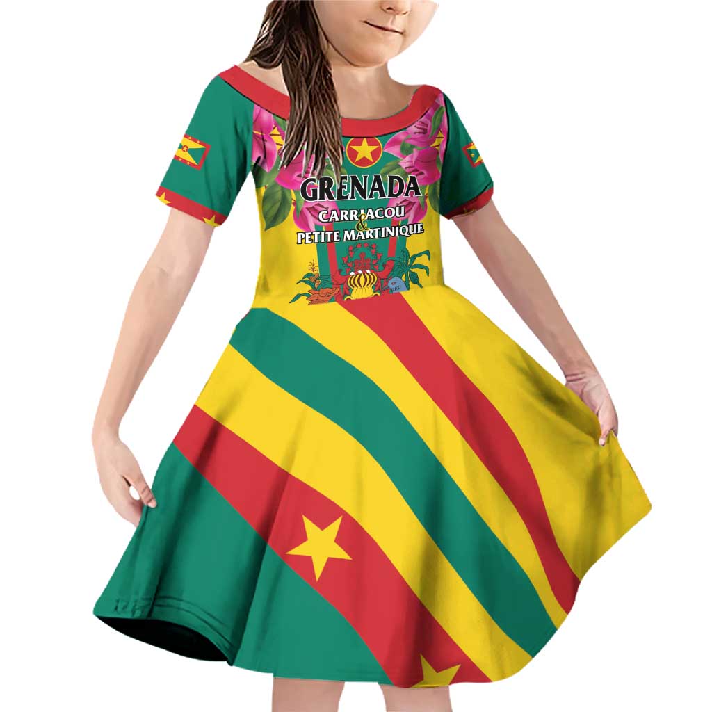Personalized Carriacou and Petite Martinique Family Matching Off Shoulder Short Dress and Hawaiian Shirt Bougainvillea Flowers