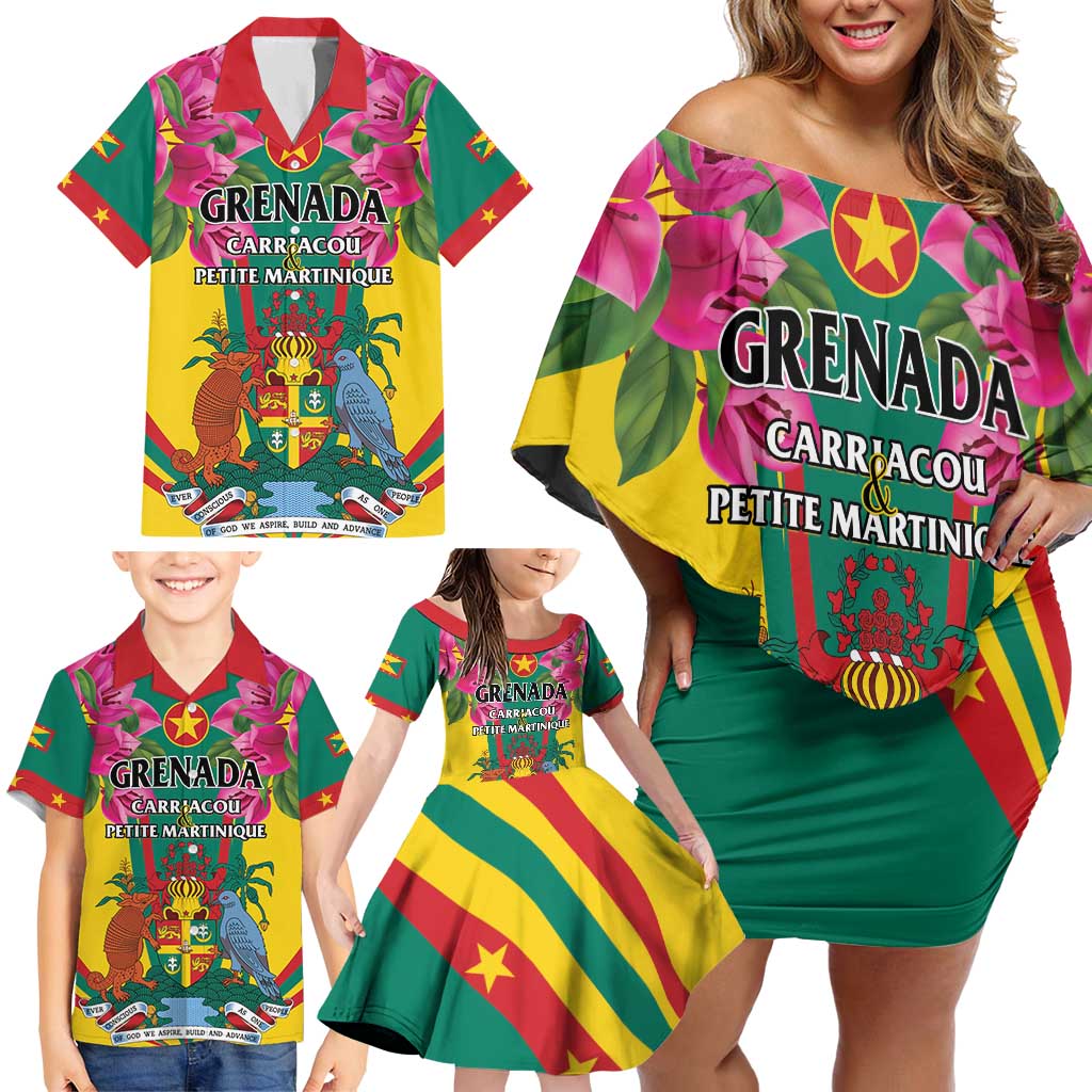 Personalized Carriacou and Petite Martinique Family Matching Off Shoulder Short Dress and Hawaiian Shirt Bougainvillea Flowers