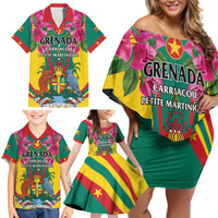 Personalized Carriacou and Petite Martinique Family Matching Off Shoulder Short Dress and Hawaiian Shirt Bougainvillea Flowers