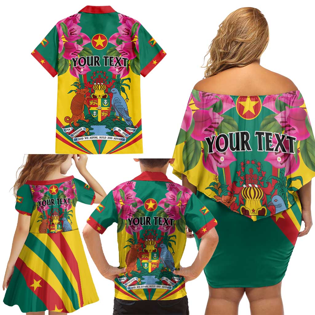 Personalized Carriacou and Petite Martinique Family Matching Off Shoulder Short Dress and Hawaiian Shirt Bougainvillea Flowers
