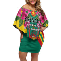 Personalized Carriacou and Petite Martinique Family Matching Off Shoulder Short Dress and Hawaiian Shirt Bougainvillea Flowers