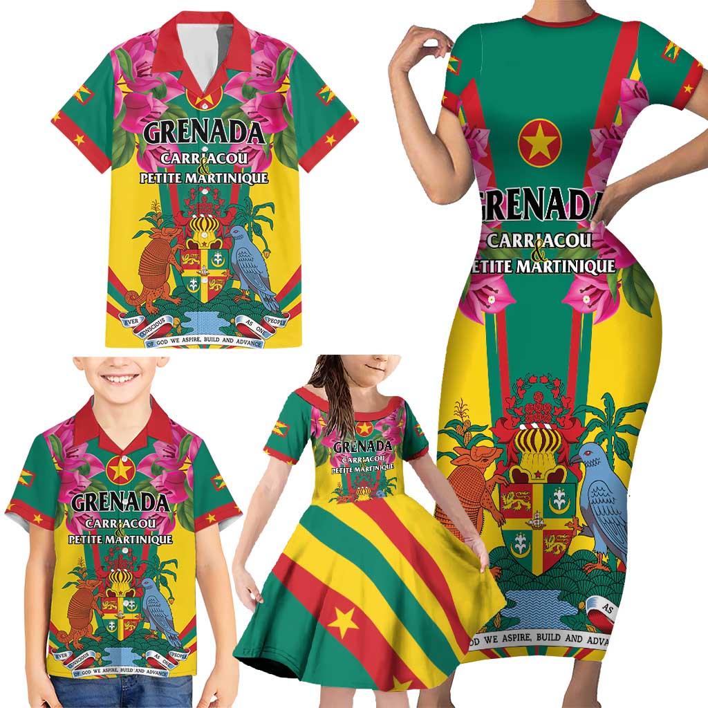 Personalized Carriacou and Petite Martinique Family Matching Short Sleeve Bodycon Dress and Hawaiian Shirt Bougainvillea Flowers