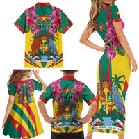 Personalized Carriacou and Petite Martinique Family Matching Short Sleeve Bodycon Dress and Hawaiian Shirt Bougainvillea Flowers